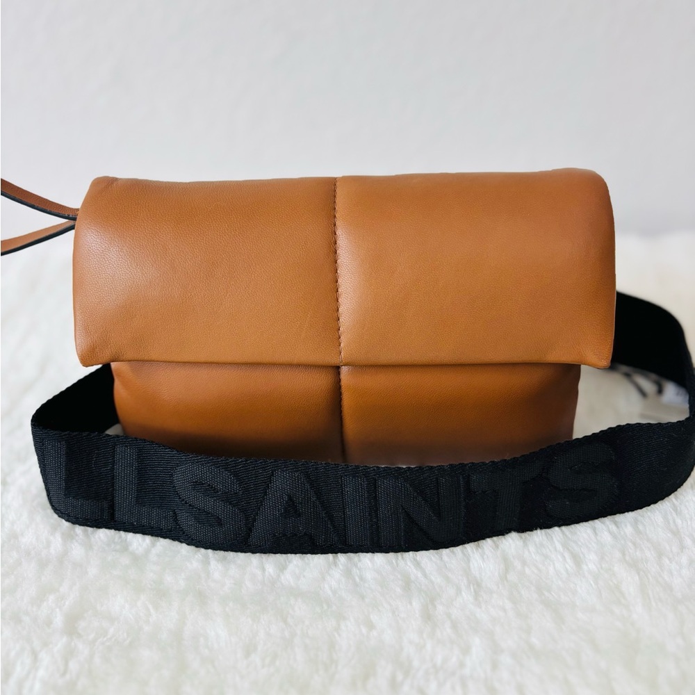 All Saints Ezra Quilted Brown Leather Crossbody Bag with Black Strap NWT$249